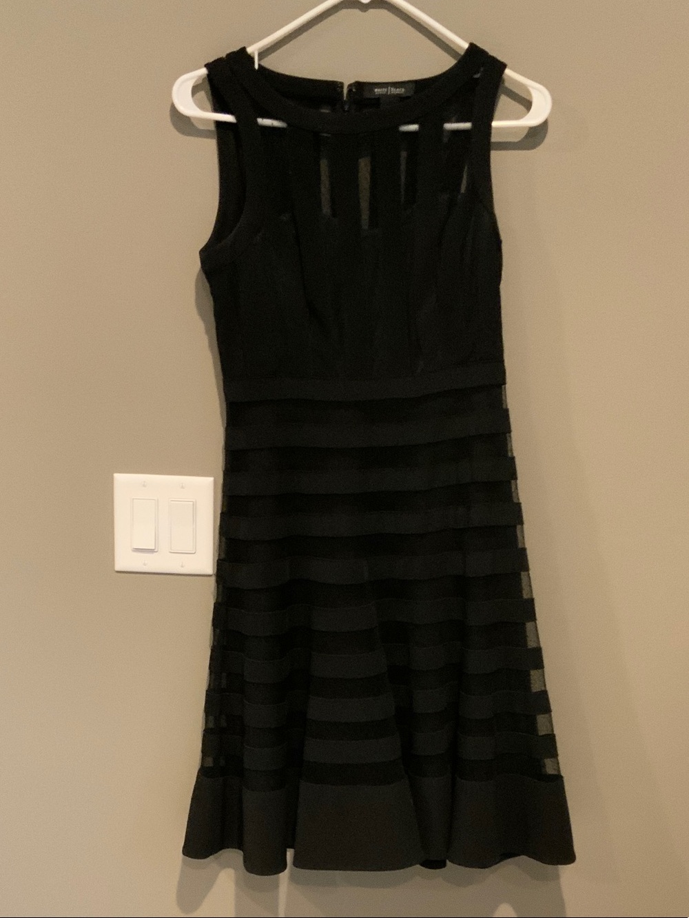 White House Black Market Black Sleeveless Fit-and-Flare Dress with Sheer Stripes